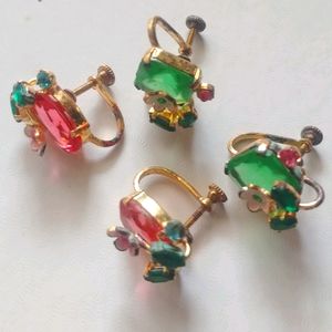 VTG signed Czecho Pink Green Screw Earrings